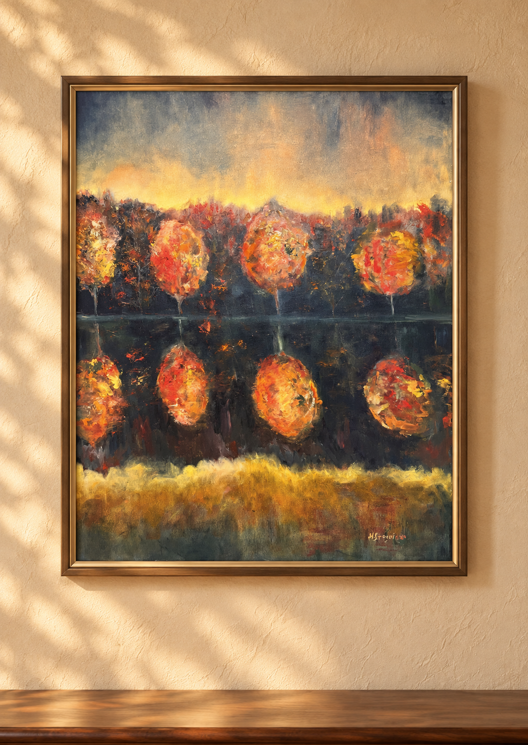 Interior visualisation of Autumn Reflection by Marina Stognieva in a frame